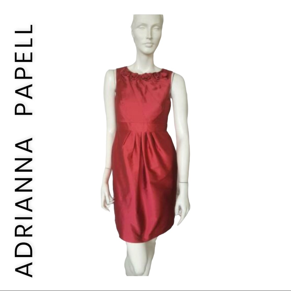ADRIANNA PAPELL ROSE SLEEVELESS SATIN DRESS WITH BEADED ROSE NECKLINE SIZE 14